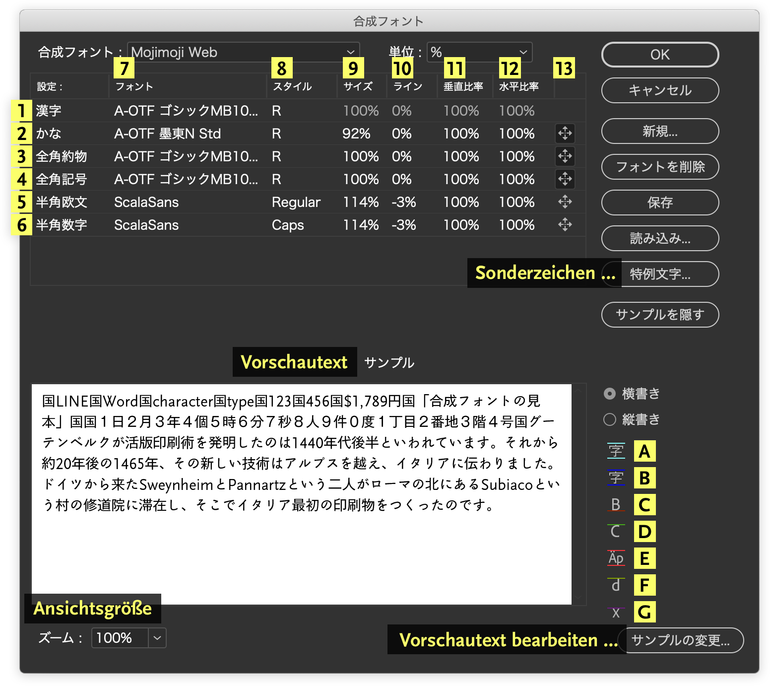 InDesign Japanisch Composite-Schriften Fenster