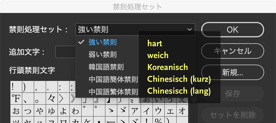 InDesign Japanisch Kinsoku Sprachen