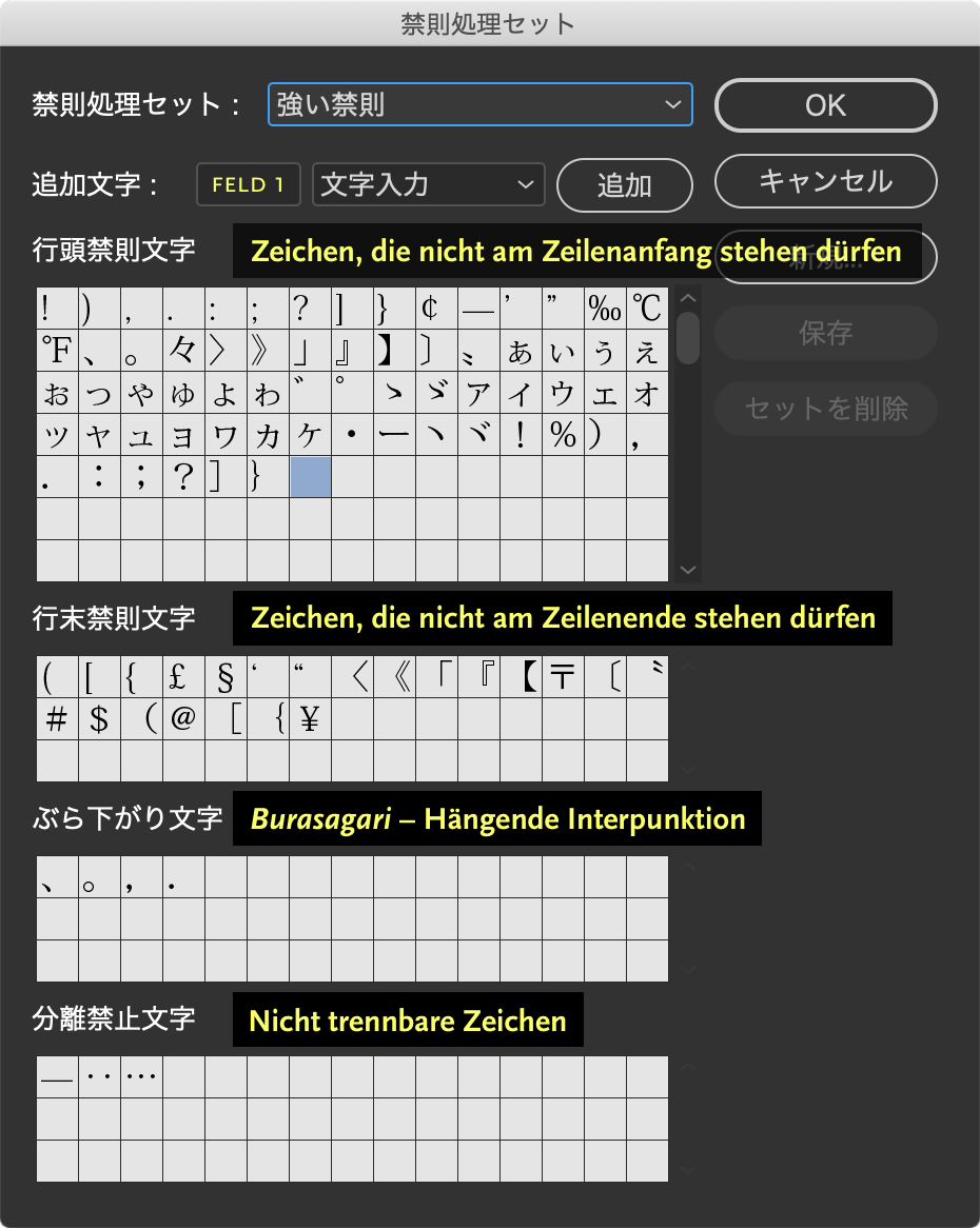 InDesign Japanisch Kinsoku Zeichen