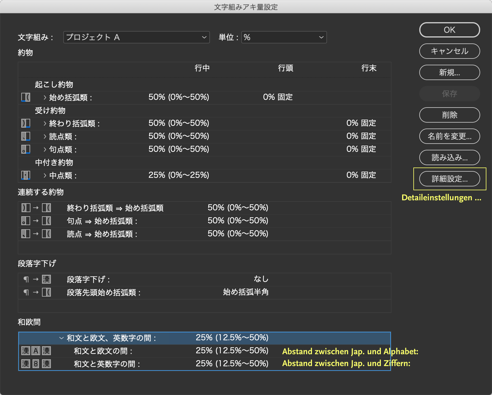 InDesign Japanisch Zeichenabstände Grundeinstellungen